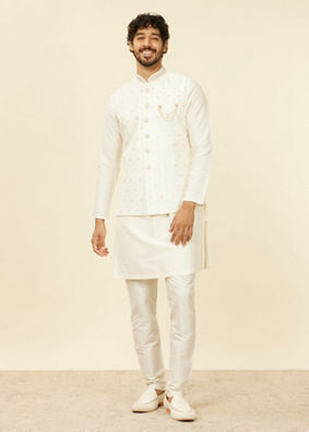 alt message - Manyavar Men Warm White Floral Printed Nehru Jacket image number 2